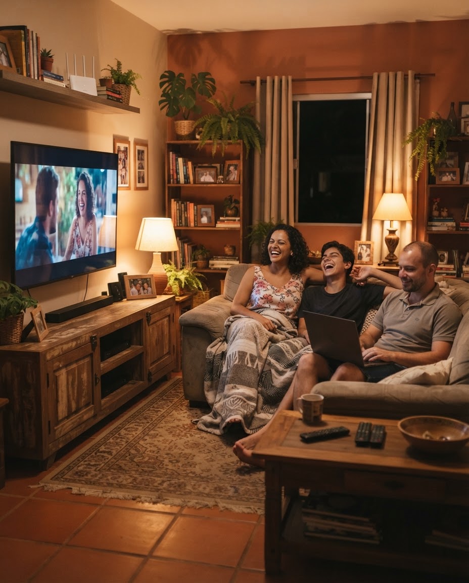 Família usando a internet fibra da Netcom